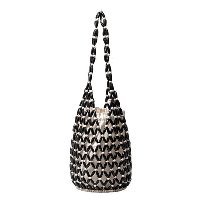 Women Hollow-out Bucket Bags Woven Hand Bag Wooden Bead Shoulder Bags Beach Top-Handle Bags Summer Netted Canvas Tote Handbag