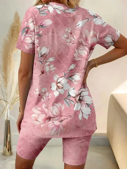 Women's Fashion Floral Print Two Piece Set Outfit Ladies Casual Short Sleeve Crew Neck T-Shirt & Shorts Outfit