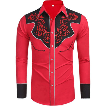 Men Casual Shirts Print Patchwork Single Breasted Western Cowboy Long Sleeve