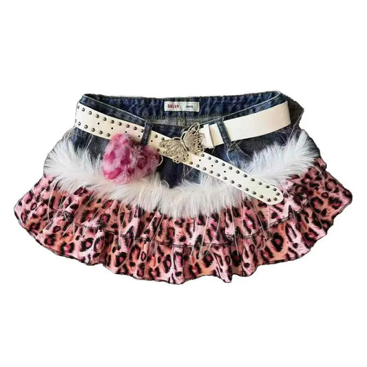 Women's Sexy Leopard Print Splicing Mini Skirt Y2k High Street Harajuku Fashion A-Line Short Dress Streetwear Trendy Clothing