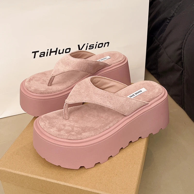 Thick Bottom Flip Flops Outdoor High Waist Seaside Beach Leisure Flip Flops Suede