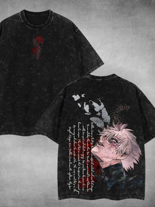 Anime and manga style double-sided printing, retro washed cotton men's T-shirt, short sleeved top for streetwear