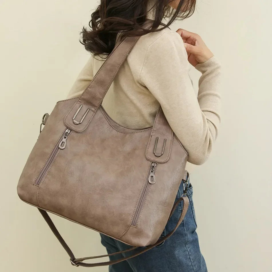 Solid Color Handbag Soft Leather Tote Bag Casual Big Shoulder Messenger Bags
