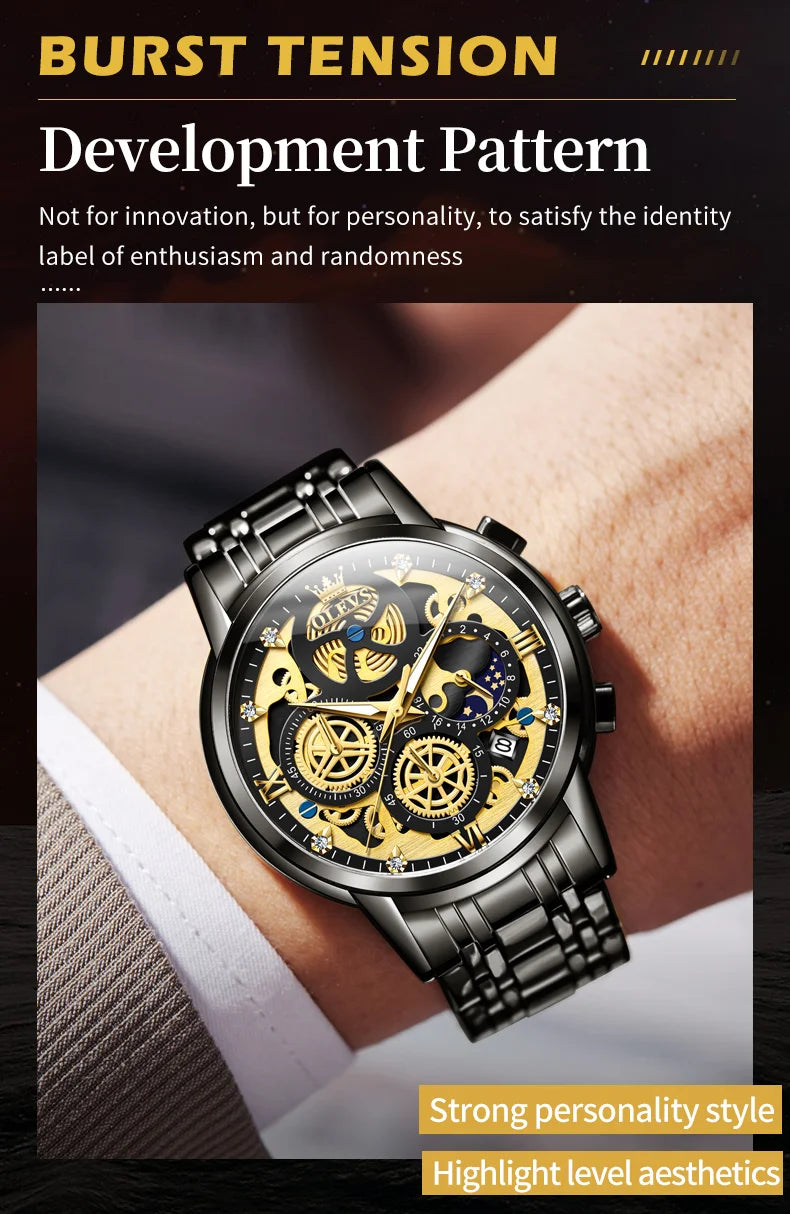 Top Brand Luxury Original Waterproof Quartz Watch for Man Gold Skeleton Style 24 Hour Day Night New