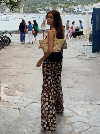 Mesh Leopard Print Trousers High Waist Print Wide Leg Pants Printed