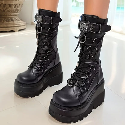 Brand New Ladies Goth Platform Boots Rivet Buckle Punk Wedges High Heels women's Boots Cosplay