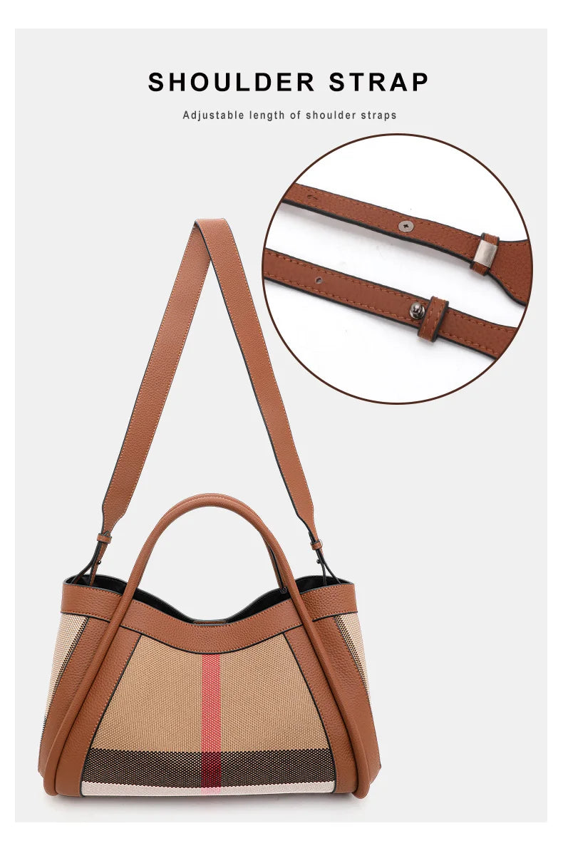 checkered women's handbag, large capacity luxury bag, canvas genuine leather bag