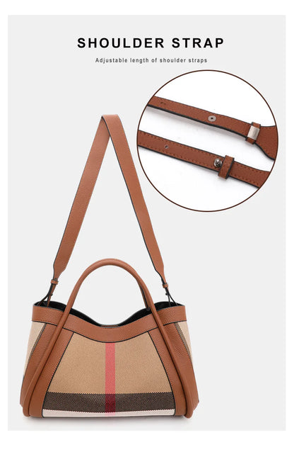 checkered women's handbag, large capacity luxury bag, canvas genuine leather bag