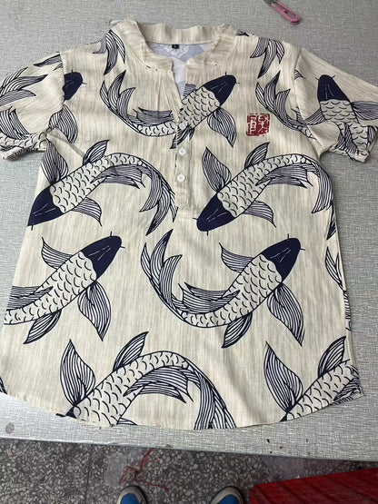 3D digital heat transfer animal landscape 3-button large size stand-up collar short-sleeved shirt