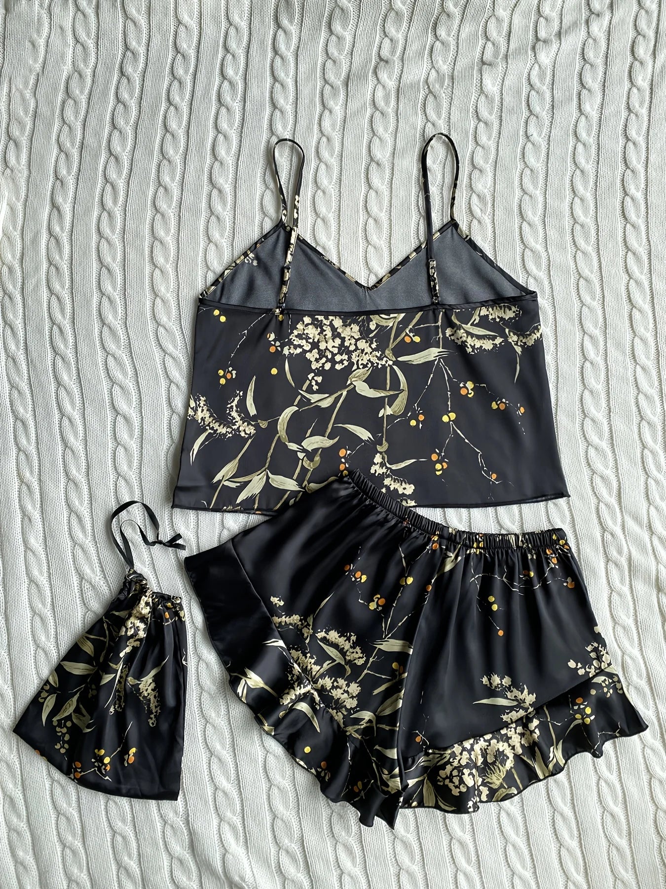 Elegant Floral Print Cami Tops   Ruffle Hem Shorts Pajama Set  Women's Sleepwear