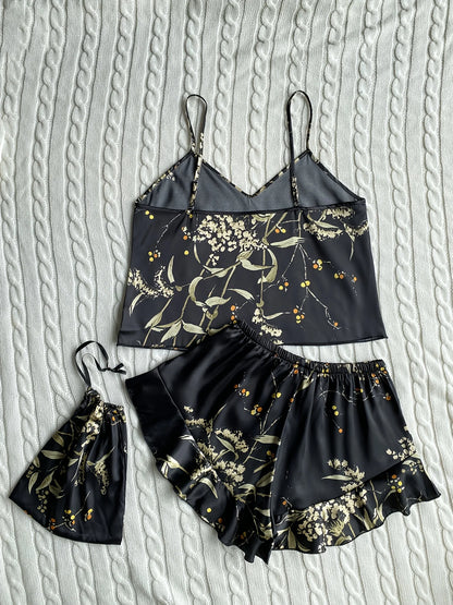 Elegant Floral Print Cami Tops   Ruffle Hem Shorts Pajama Set  Women's Sleepwear