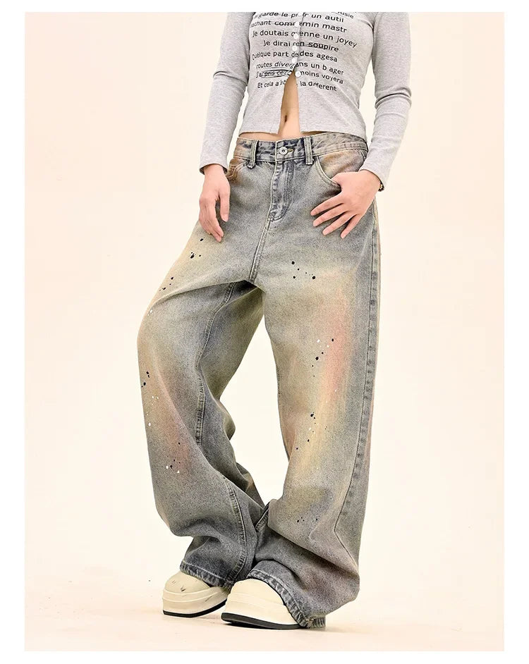American Fashion Tie-Dye Graffiti Straight Leg Wide Jeans Straight Leg Loose Jeans Hip-hop Street Baggy Jeans