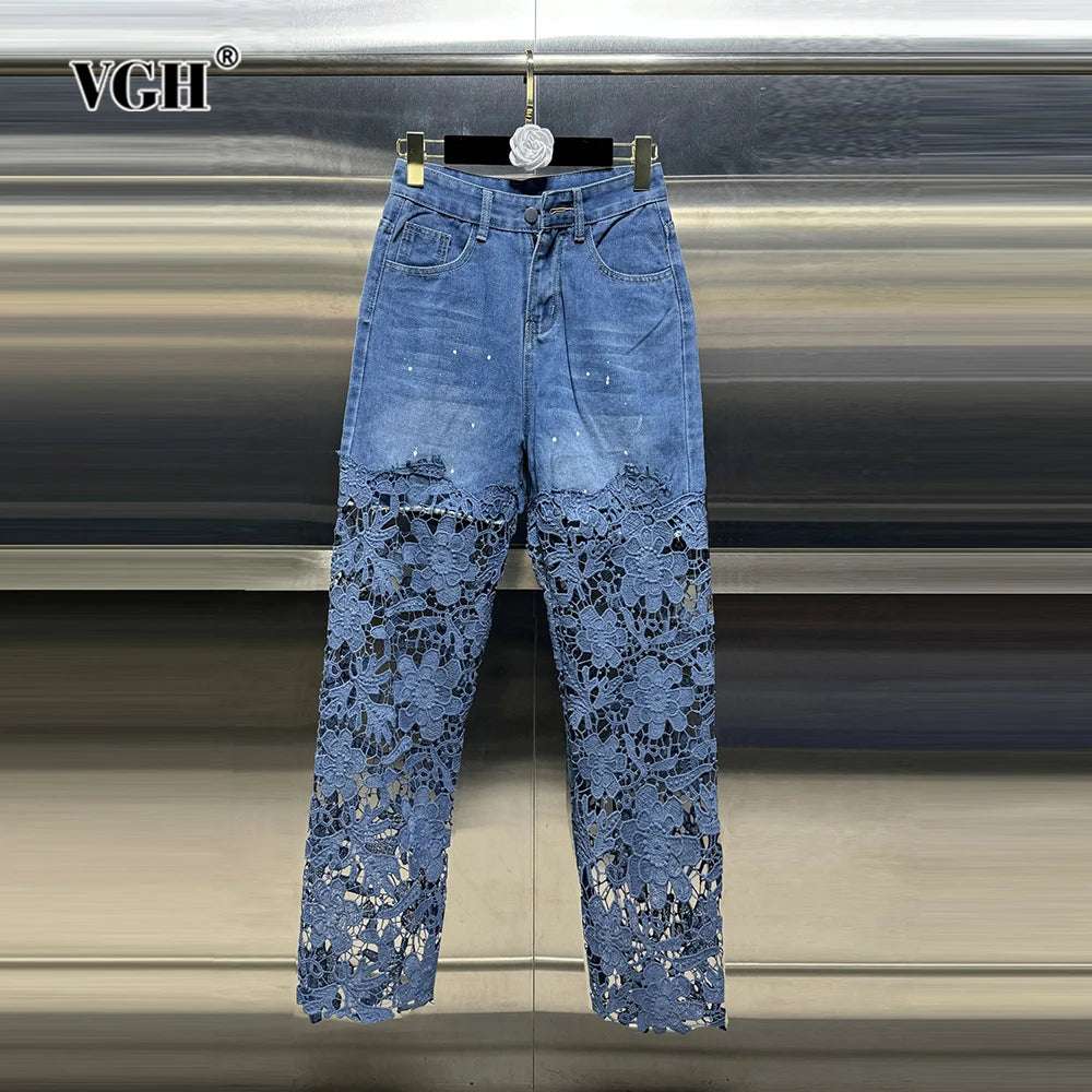 VGH Casual Hollow Out Spliced Lace Solid Jeans For Women High Waist Patchwork Pockets Minimalist Loose Wide Leg Pants Female New blue / XXXL blue / XXL blue / XL blue / XXXL-blue / XXL-blue / XL-blue / L-blue / M-blue / S-
