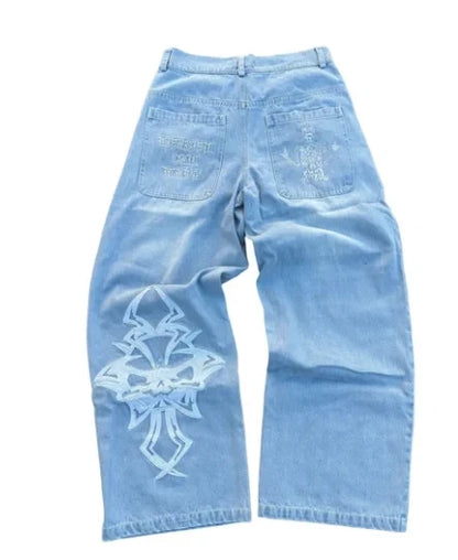 Jeans Mens Hip Hop Retro Skull Embroidery Washed Baggy Denim Pants Straight Casual Loose Wide Leg Trouser