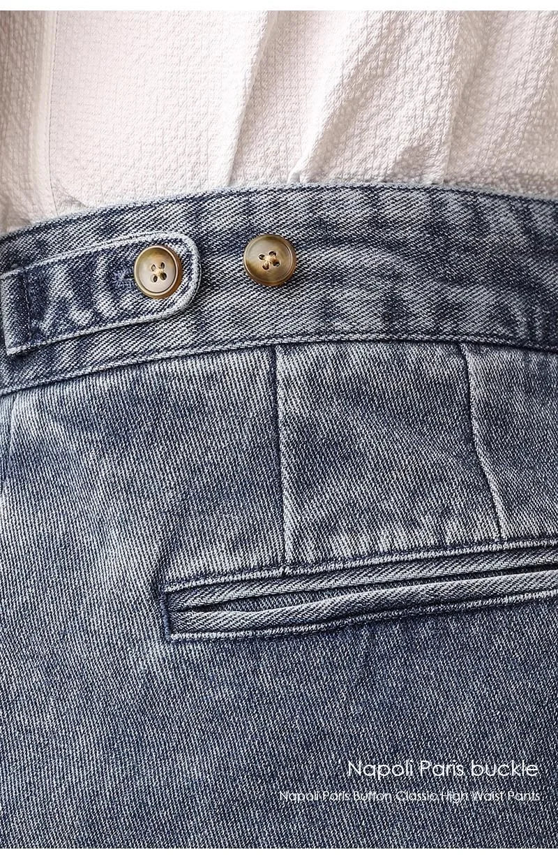 Men Naples Jeans British Styles Waist Buckle Casual Denim Pants