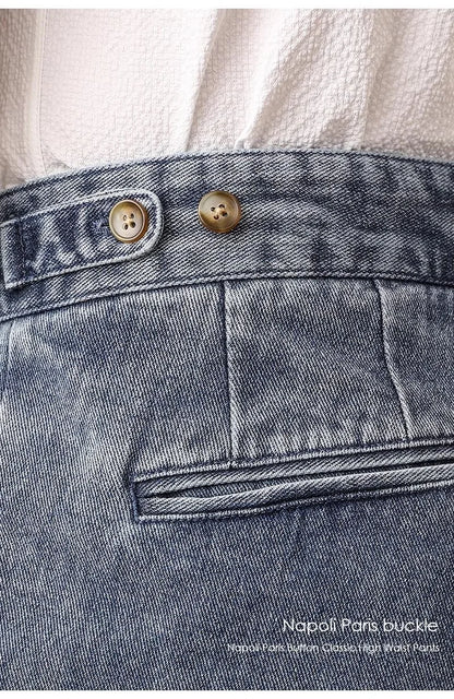 Men Naples Jeans British Styles Waist Buckle Casual Denim Pants