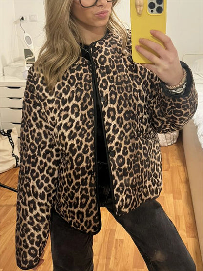Women s Leopard Print Puffer Jacket with Hood and Faux Fur Lining Stylish Winter Coat Warm Outerwear Zip Up Parka