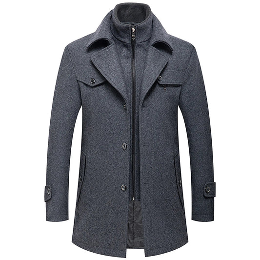 Men's Winter Woolen Overcoat Solid Color Detachable Double Collar Zipper Single-Breasted