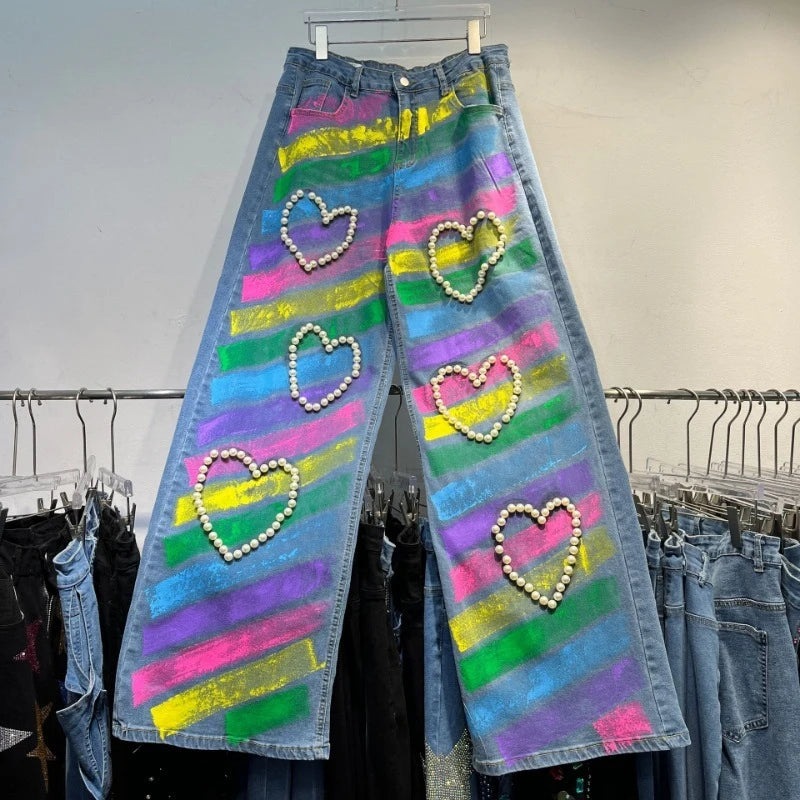 Painted Trousers Heavy Industry Love Beads Retro Nostalgic Fashion Skinny Denim Pants Blue / XXL Blue / XL Black / M Blue / XXL-Blue / XL-Black / M-Blue / XXXL-Black / XL-Black / L-Black / XXXL-Black / XXL-Blue / L-Blue / M-