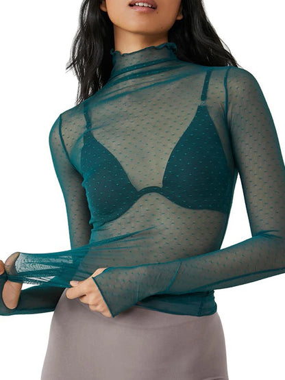 Women Sheer Mesh T-Shirt Mock Neck Long Sleeve Crop Tops Retro See Through Shirt