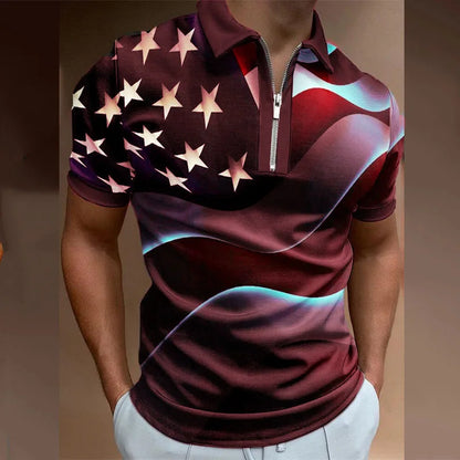 Men's 3D Flag Pattern Printed Short Sleeve POLO Shirt Zipper Men's T-Shirt