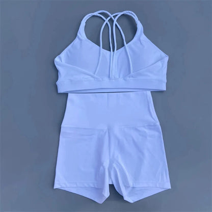 Solid Color Gym Bike Yoga Set Short Legging +Cross Sport Bra Tracksuit Athletic Women Gym Suit Comprehensive Training Jogging
