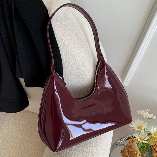 Patent Leather Tote Bag Versatile Shoulder Bag Casual Satchel Hobo Bag Zipper