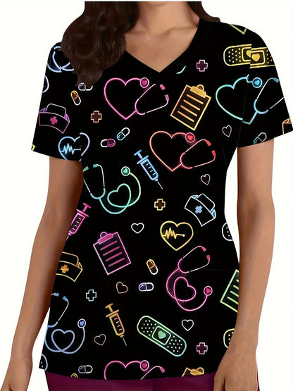 Surgical Uniforms Heart Printed V-Neck Nurses Tops Short Sleeve Patch Pocket Medical Surgical Uniforms Nursing