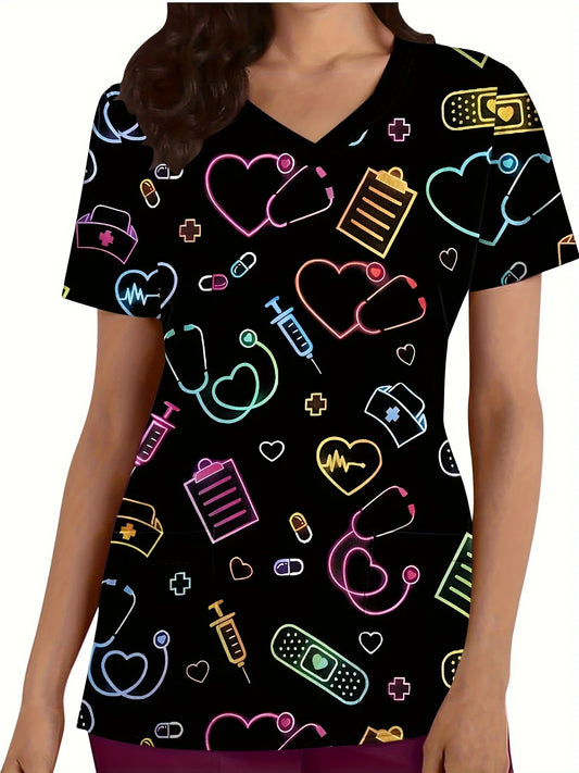 Surgical Uniforms Heart Printed V-Neck Nurses Tops Short Sleeve Patch Pocket Medical Surgical Uniforms Nursing