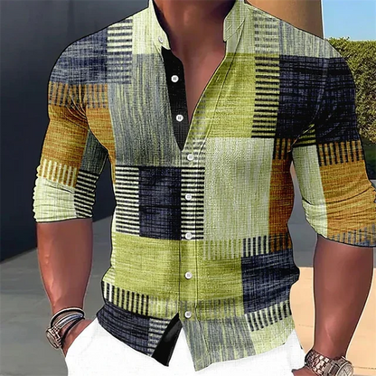 Men's Retro Stitching Shirt Gradient Stand Collar Outdoor Street Long Sleeve Casual