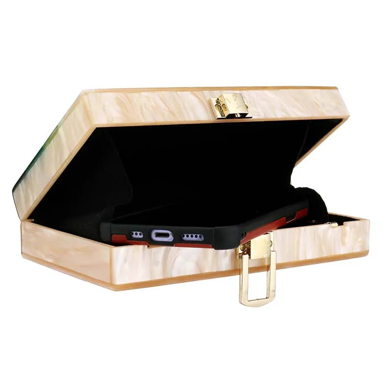 Womens Handbag Green Beige Striped Acrylic Luxury Casual Cute Box Clutch Purse
