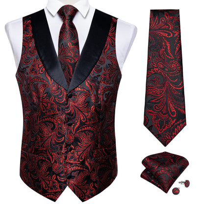 Men's Paisley Silk Suit Vest with Macthing Golden Paisley Neck Tie Handkerchief Cufflinks Wedding Prom Tuxedo Waistcoat