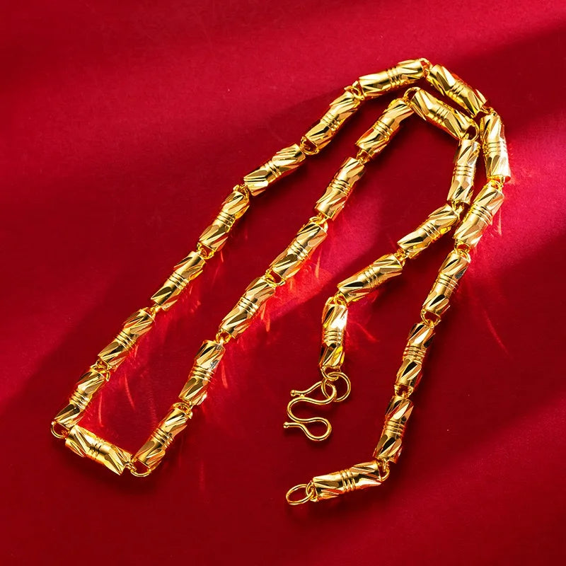 24K gold cylindrical double bamboo necklace 9999 real gold men's and women's solid color bamboo knot gold jewelry necklace gift