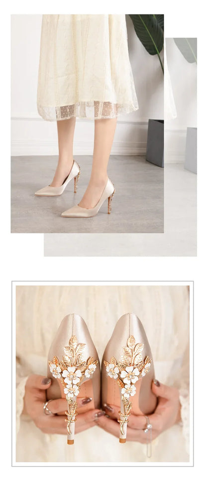 Women's Metal Flowers Stiletto High-heel Shoes Female  Light Luxury Wedding Shoes Pointed Toe