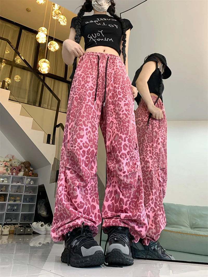 Women's Red Leopard Pants Jogger Harajuku Streetwear Sweatpants Loose Pants Y2k Retro 2000s Aesthetic Vintage Trousers Clothes