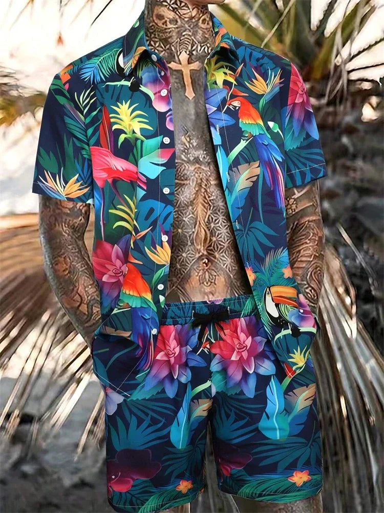 Men's Hawaiian Short-Sleeved Shirt Shorts Set Drawstring Shorts Jungle Print