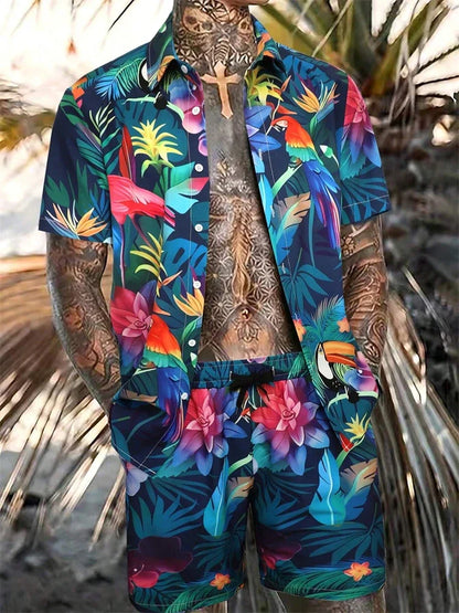 Men's Hawaiian Short-Sleeved Shirt Shorts Set Drawstring Shorts Jungle Print