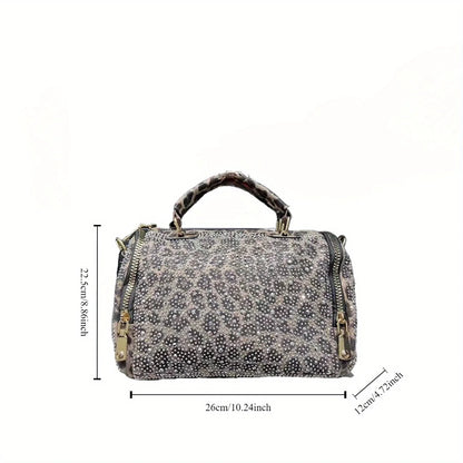 Ladies' fashionable and gorgeous diamond studded tote bag with leopard pattern and full diamond cylindrical handbag