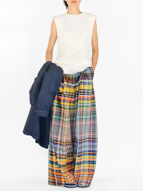 Oversized High Waist Wide Leg Pants Checkerboard Printed Casual High Street Trousers