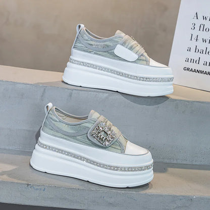 Denim Platform Wedge Genuine Leather Casual Comfy High Brand Chunky Sneakers Hidden Heels Shoes