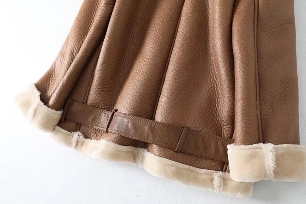 Thick and warm faux leather jacket Coat women's beige long-sleeved belt jacket women 2025 winter fashion new streetwear Tops