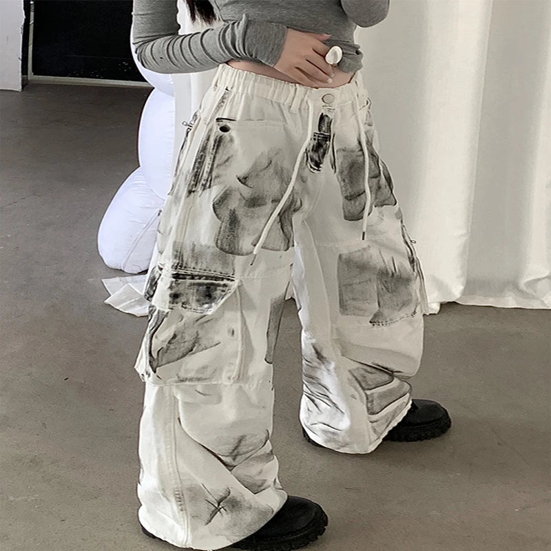 Women's White Cargo Jeans Baggy Vintage High Waist Cowboy Pants Harajuku Aesthetic Tie-Dyed Denim Trousers 90s Y2k Clothes 2024