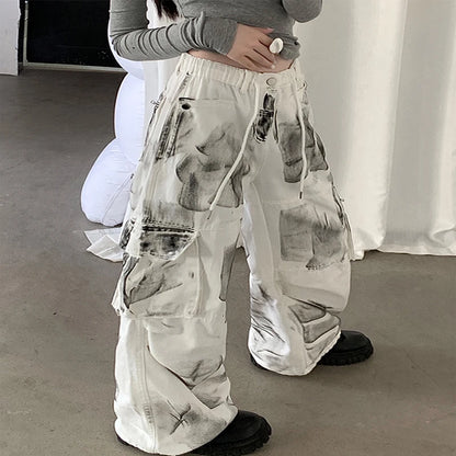 Women's White Cargo Jeans Baggy Vintage High Waist Cowboy Pants Harajuku Aesthetic Tie-Dyed Denim Trousers 90s Y2k Clothes 2024