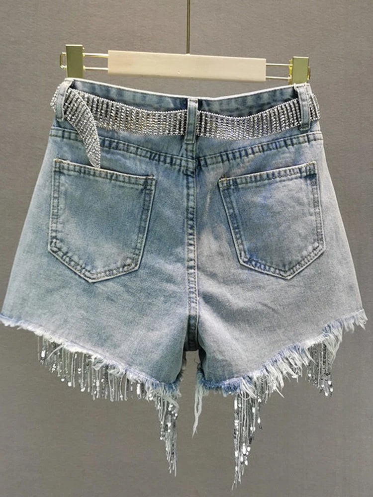 Elegant Shorts Lady Tassel Beading High Waist Wide Leg Denim Casual Solid Shorts Jeans