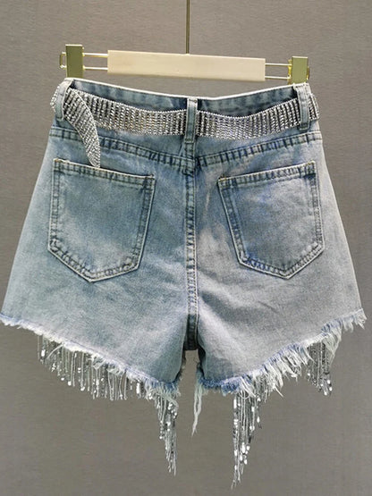 Elegant Shorts Lady Tassel Beading High Waist Wide Leg Denim Casual Solid Shorts Jeans