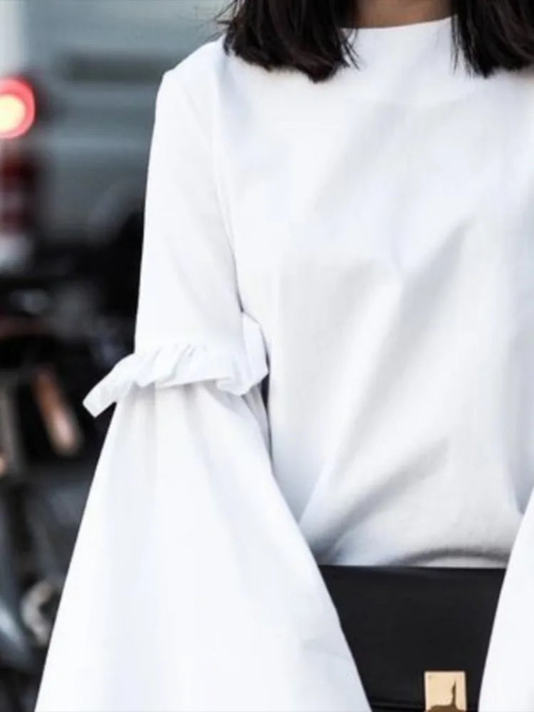 Women's Spring New Solid Color T-shirt Round Neck Split-joint Flared Sleeves Loose Fit Shirt Top