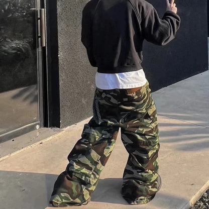 Color Match Multi-pockets Camouflage Cargo Pants for Men and Women Patchwork Baggy Overalls