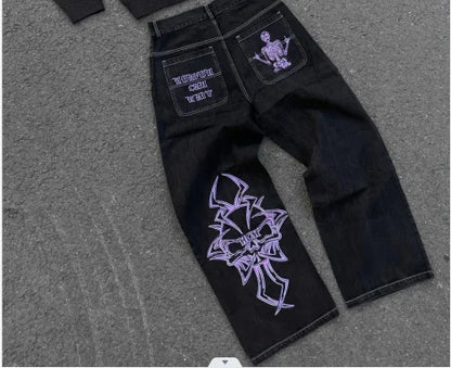 Jeans Mens Hip Hop Retro Skull Embroidery Washed Baggy Denim Pants Straight Casual Loose Wide Leg Trouser
