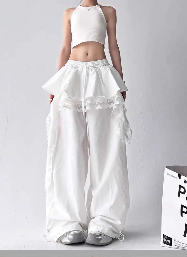 Y2K Black Cargo Pants Women Lace Patchwork White Wide Leg Pants