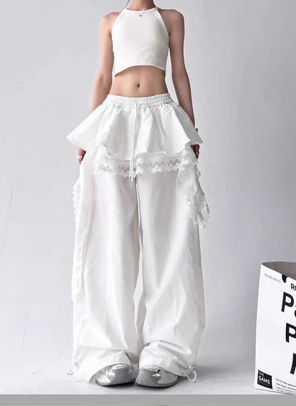 Y2K Black Cargo Pants Women Lace Patchwork White Wide Leg Pants